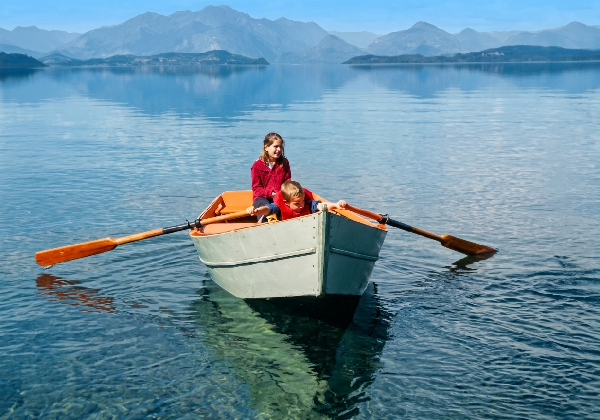 Nacho and his little sister rowing a small boat on a lake as kids