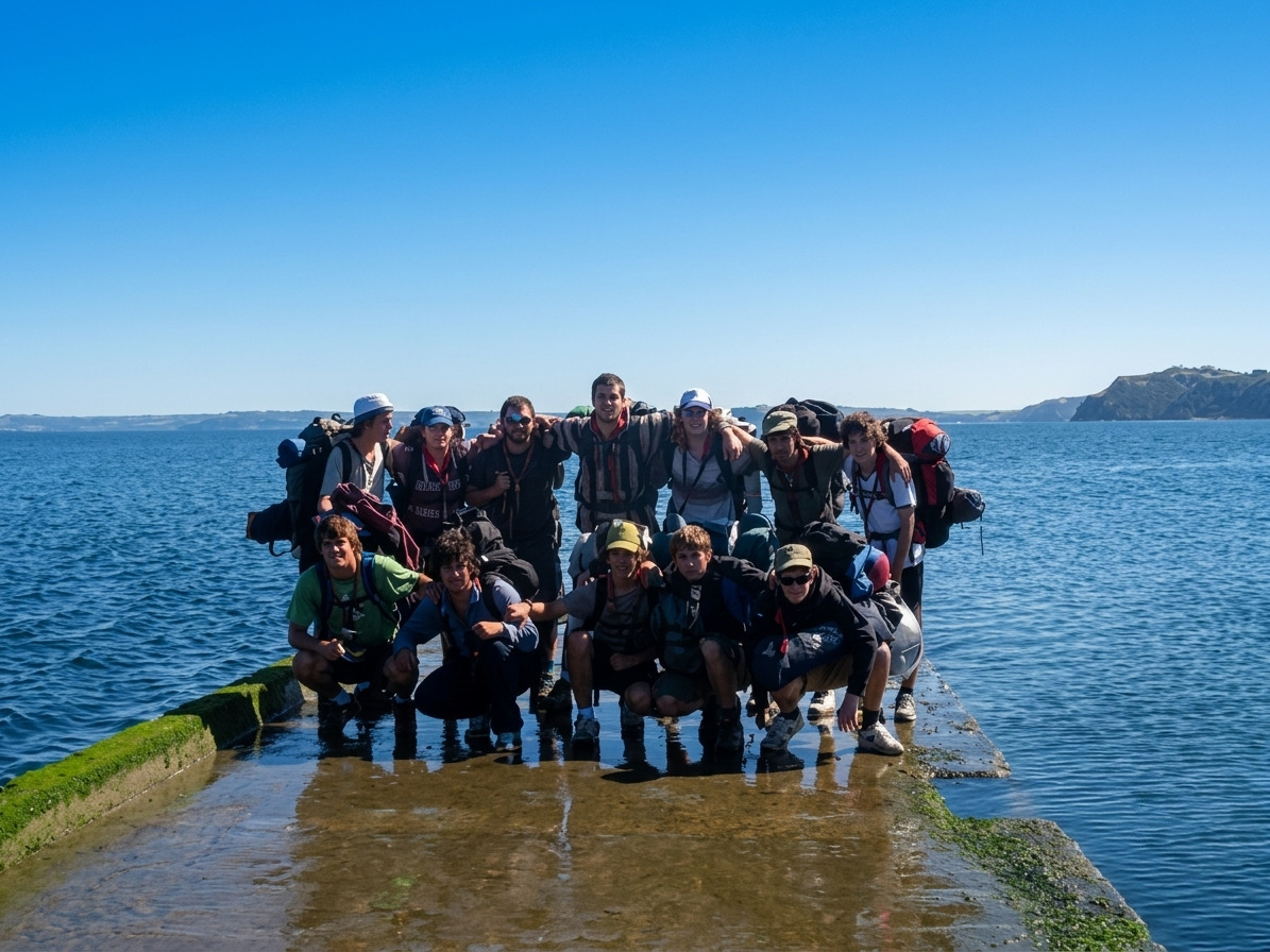 Nacho's scout group posing together on a pier by the water, wearing trekking backpacks