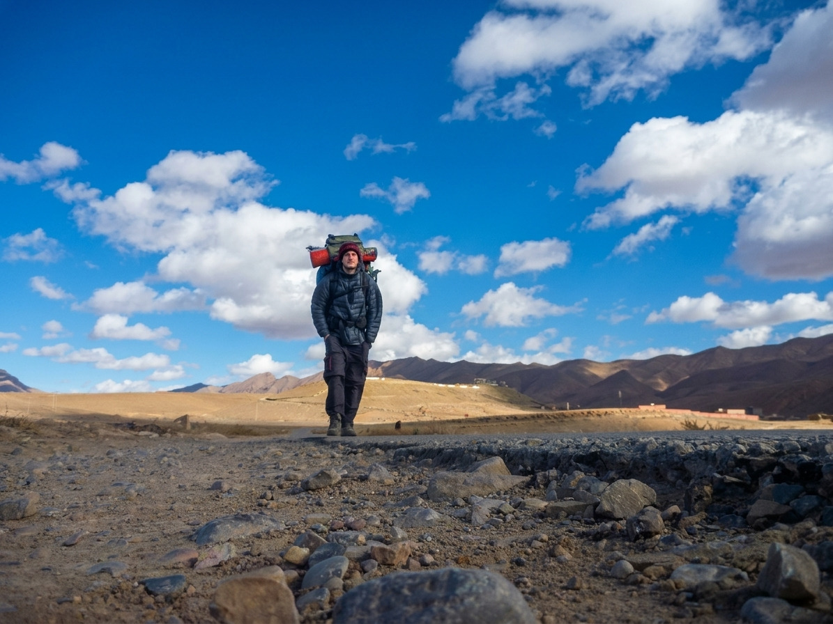 Nacho walking alone on a dirt road with a trekking backpack, mountains in the distance