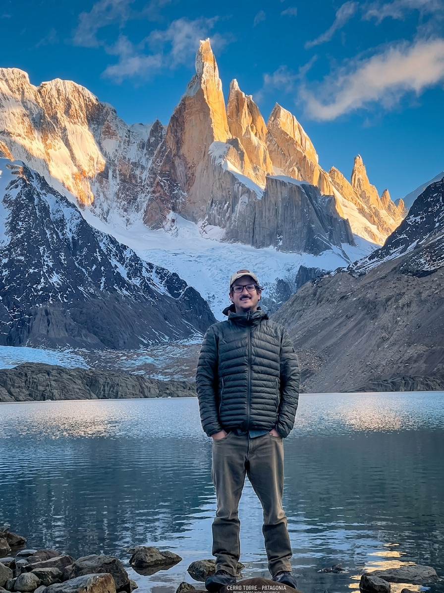 Nacho standing before Cerro Torre at sunset, Patagonia